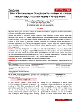 Effect of Beclomethasone Dipropionate Versus Mast Cell Stabilizer on Mucociliary Clearance in Patients of Allergic Rhinitis