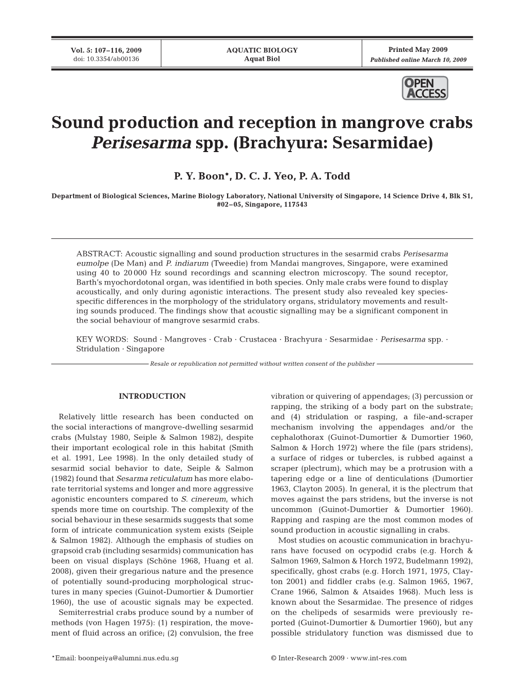 Sound Production and Reception in Mangrove Crabs Perisesarma Spp