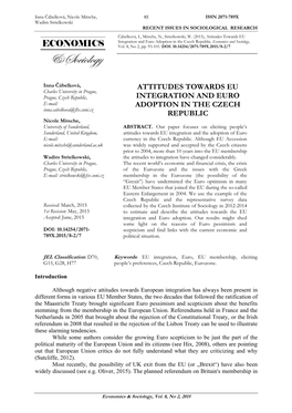 Attitudes Towards EU Integration and Euro Adoption in the Czech Republic, Economics and Sociology, Vol