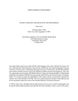 Nber Working Paper Series Wages, Violence and Health