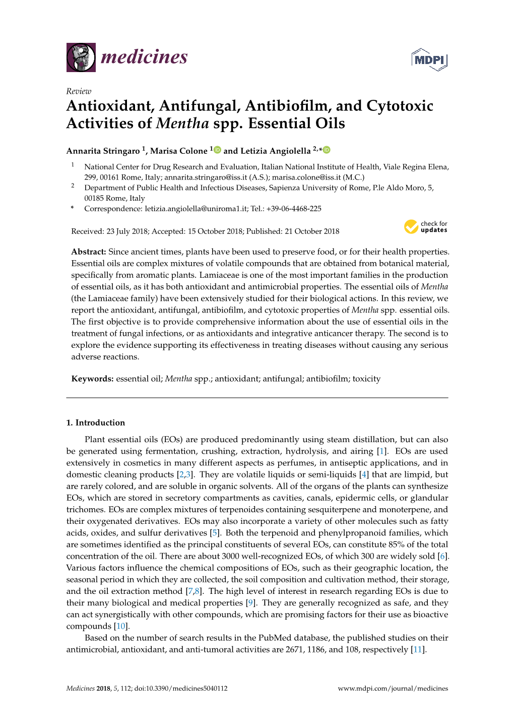 Antioxidant, Antifungal, Antibiofilm, and Cytotoxic Activities of Mentha