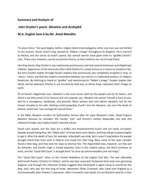 Summary and Analysis of John Dryden's Poem Absalom And