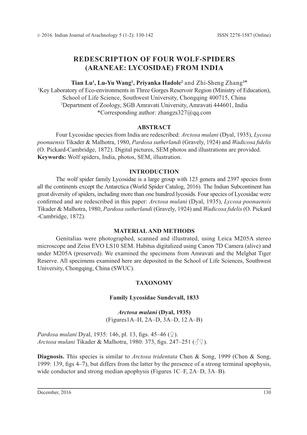 Redescription of Four Wolf-Spiders (Araneae: Lycosidae) from India