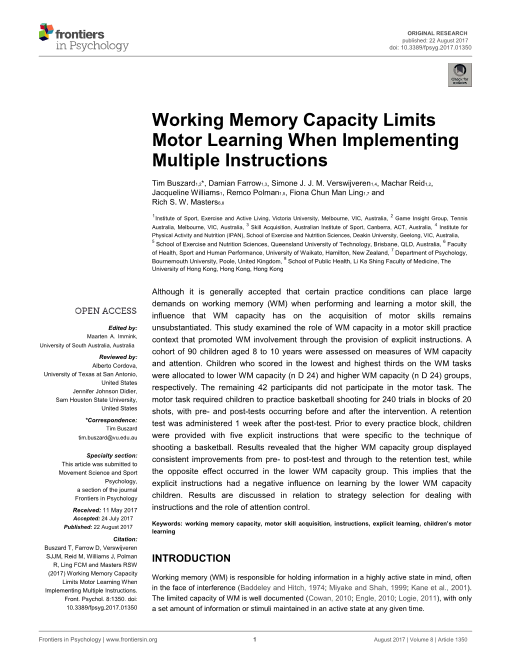 Working Memory Capacity Limits Motor Learning When Implementing Multiple Instructions