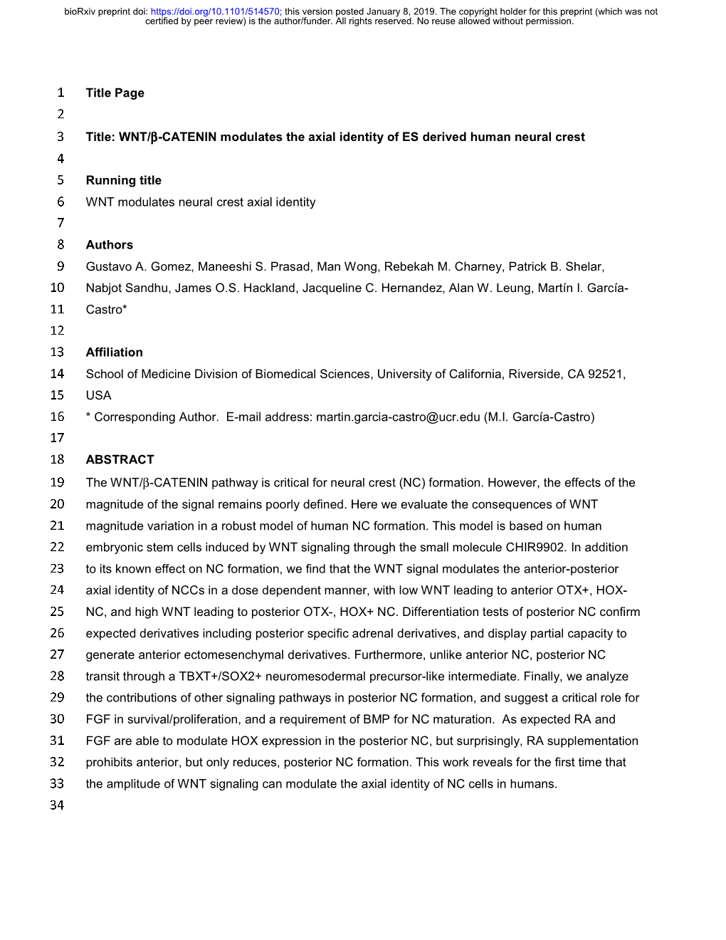 WNT/Β-CATENIN Modulates the Axial Identity of ES Derived Human Neural Crest 4 5 Running Title 6 WNT Modulates Neural Crest Axial Identity