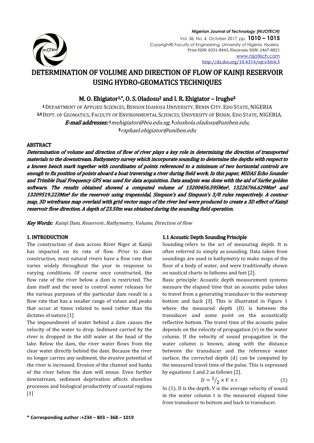 Determination of Volume and Direction of Flow of Kainji Reservoir Using Hydro-Geomatics Techniques