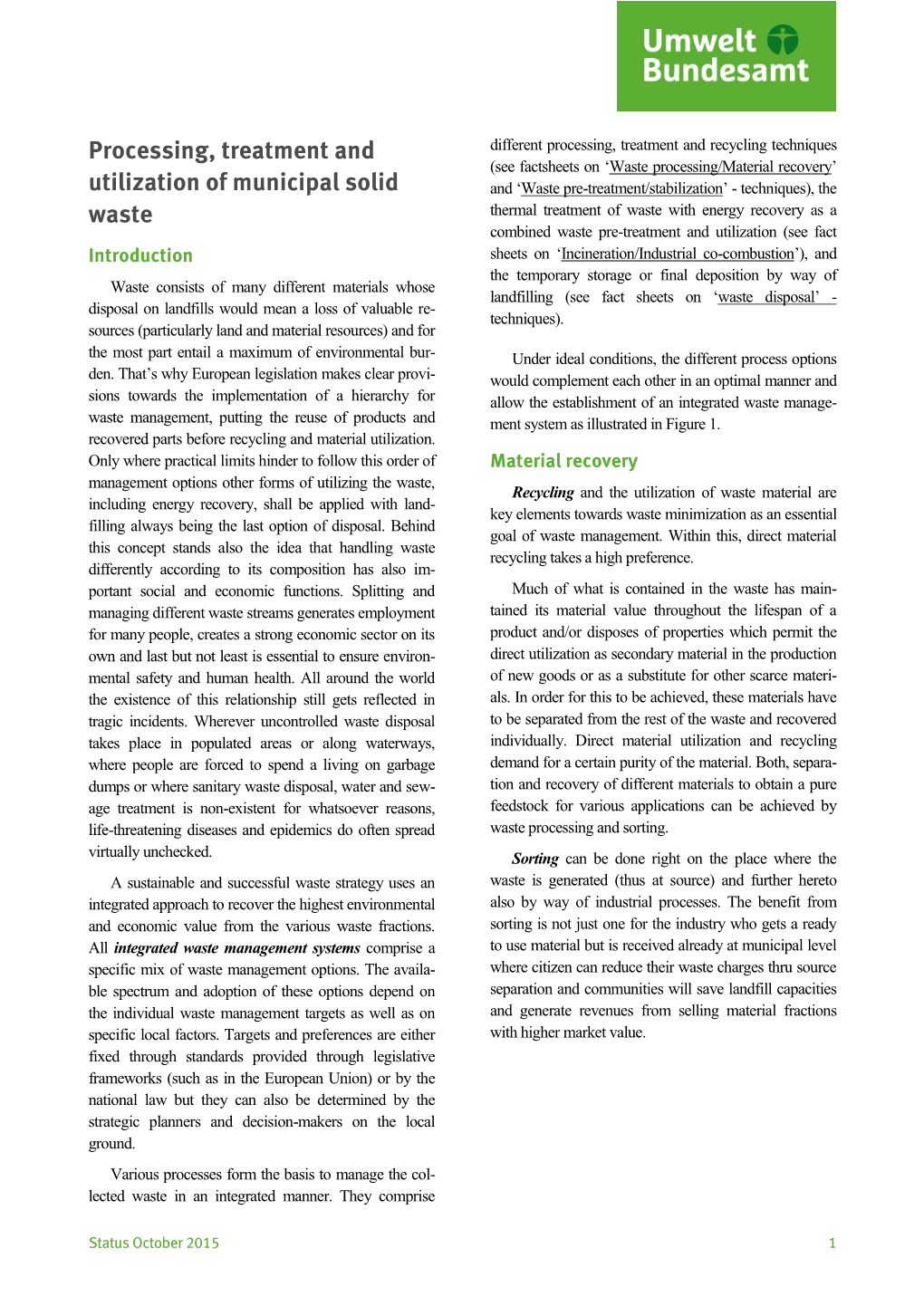 Processing, Treatment and Utilization of Municipal Solid Waste