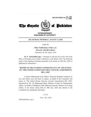 ISLAMABAD, THURSDAY, AUGUST 13, 2020 PART III Other Notifications, Orders, Etc. SENATE SECRETARIAT Islamabad, the 6Th August, 2