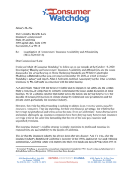 January 21, 2021 the Honorable Ricardo Lara Insurance Commissioner State of California 300 Capital Mall, Suite 1700 Sacramento