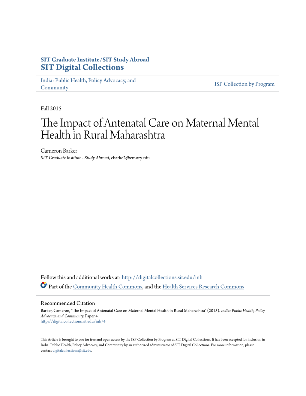 The Impact of Antenatal Care on Maternal Mental Health in Rural Maharashtra