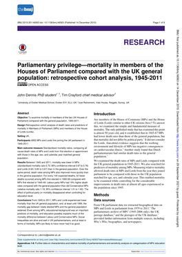 Parliamentary Privilege—Mortality in Members of the Houses of Parliament Compared with the UK General Population: Retrospective Cohort Analysis, 1945-2011 OPEN ACCESS