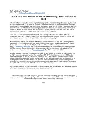 HRC Names Joni Madison As New Chief Operating Officer and Chief of Staff