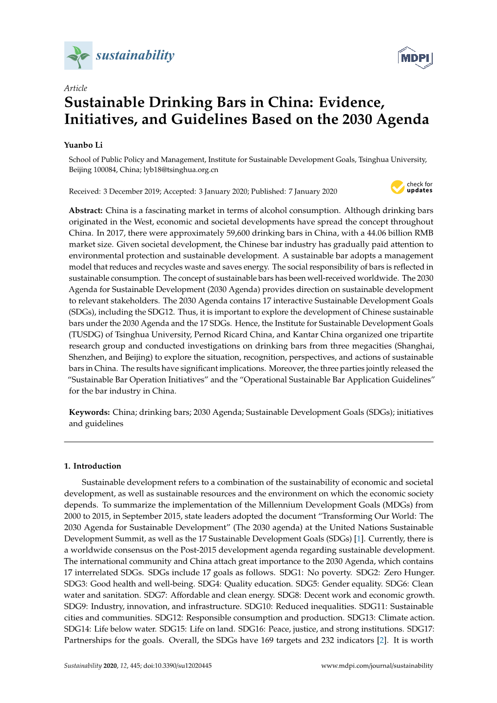 Sustainable Drinking Bars in China: Evidence, Initiatives, and Guidelines Based on the 2030 Agenda