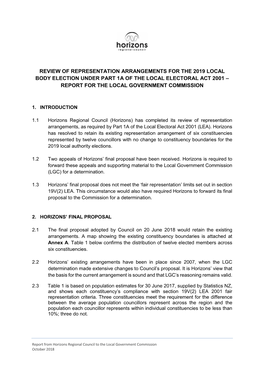 Review of Representation Arrangements for the 2019 Local Body Election Under Part 1A of the Local Electoral Act 2001 – Report for the Local Government Commission