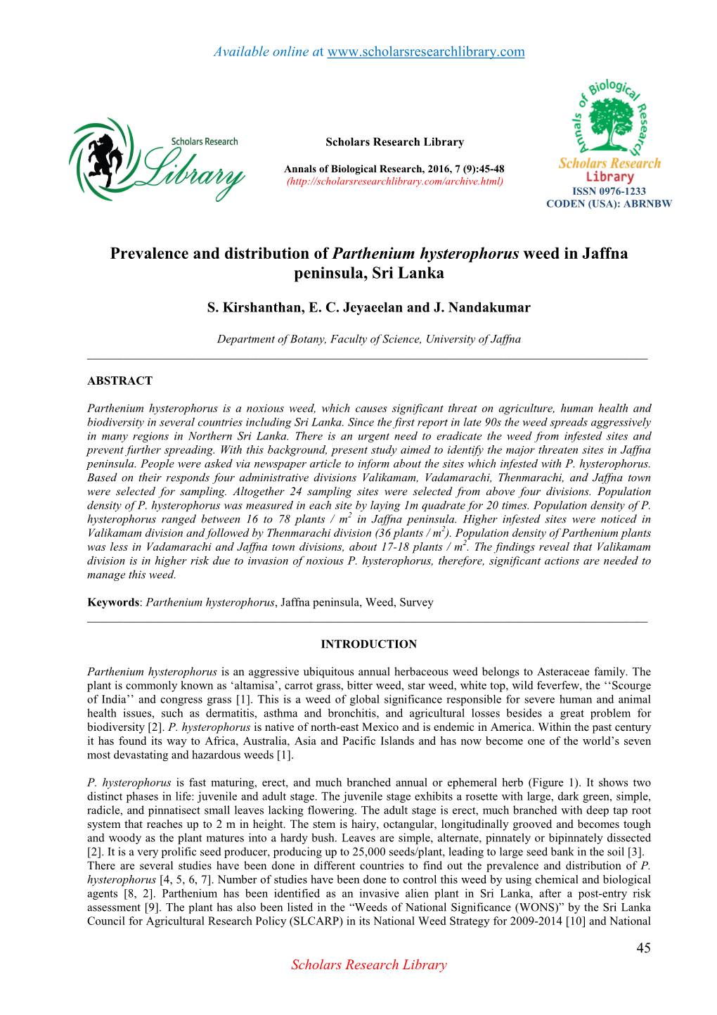 Prevalence and Distribution of Parthenium Hysterophorus Weed in Jaffna Peninsula, Sri Lanka