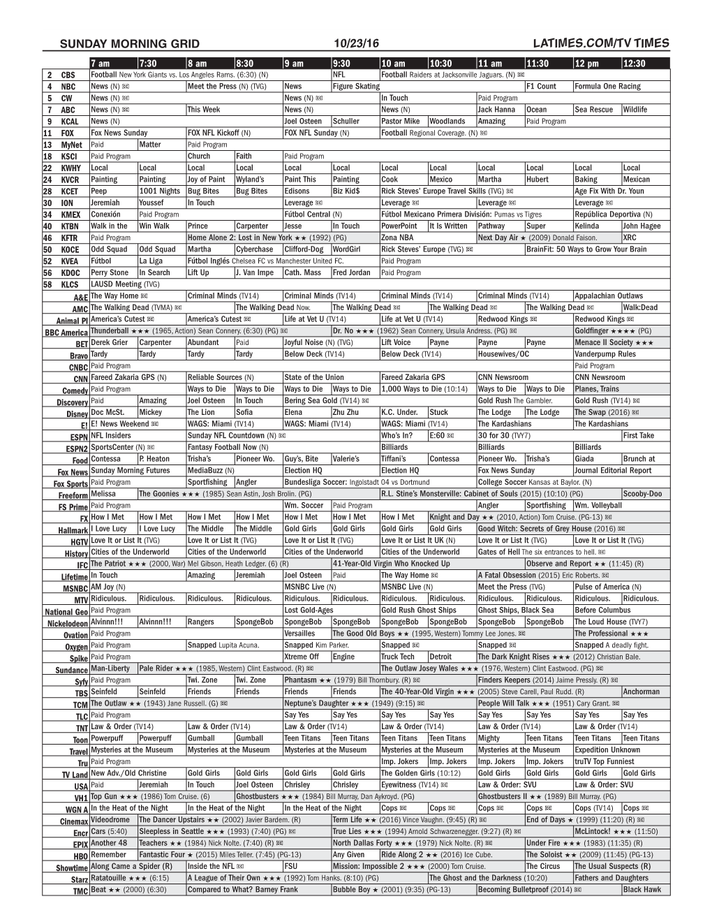 SUNDAY MORNING GRID 10/23/16 LATIMES.COM/TV TIMES 7 Am 7:30 8 Am 8:30 9 Am 9:30 10 Am 10:30 11 Am 11:30 12 Pm 12:30 2 CBS Football New York Giants Vs