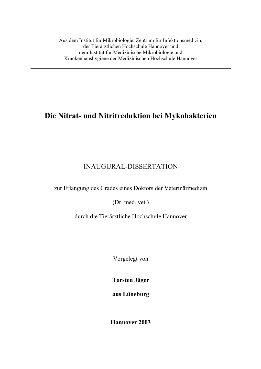 Inaugural-Dissertation Zur Erlangung Des Grades Eines Doktors Der