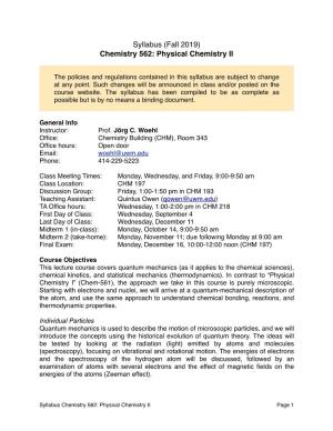 Syllabus (Fall 2019) Chemistry 562: Physical Chemistry II