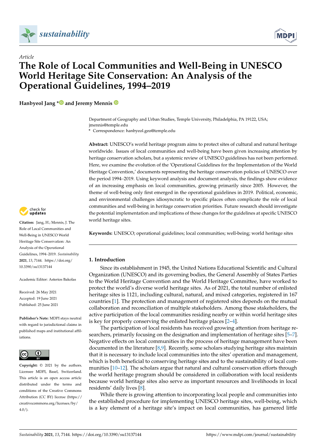 The Role of Local Communities and Well-Being in UNESCO World Heritage Site Conservation: an Analysis of the Operational Guidelines, 1994–2019