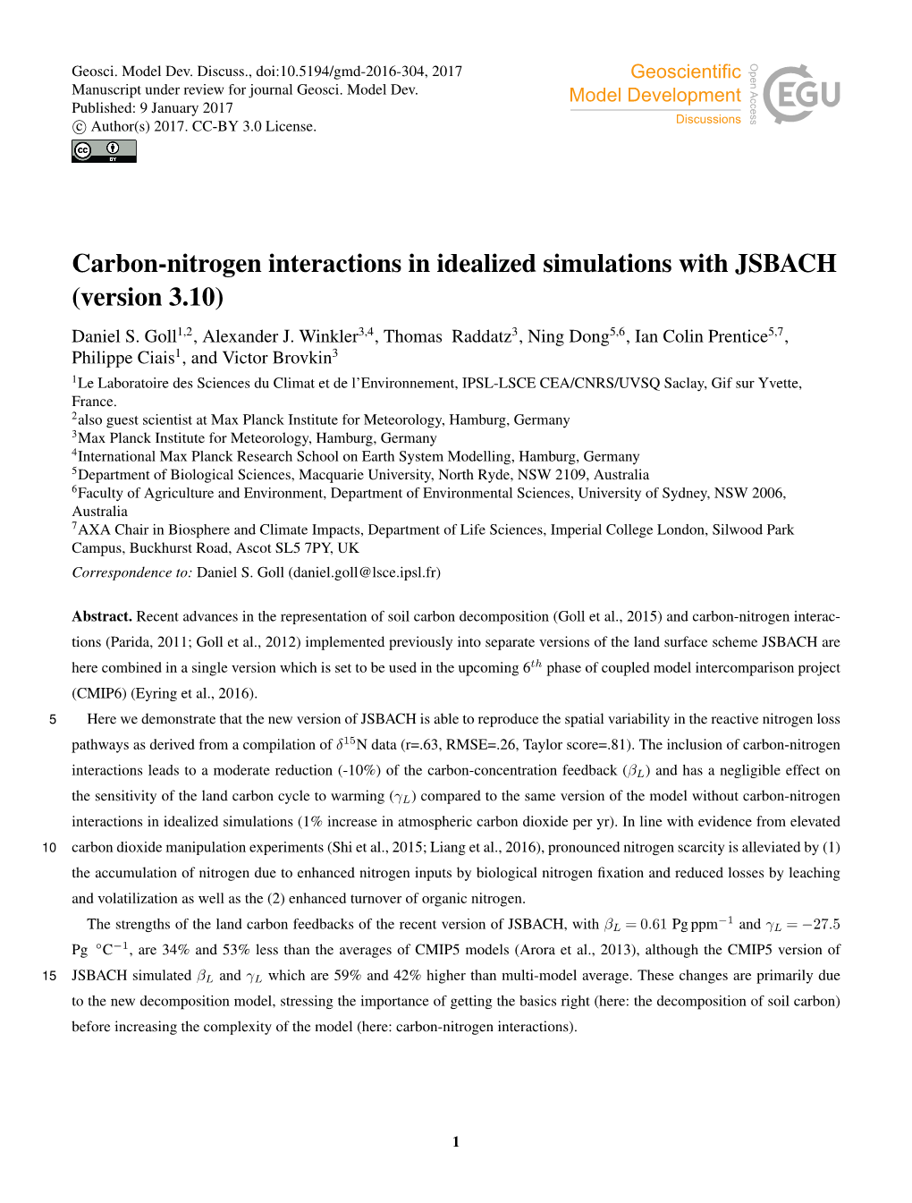 Carbon-Nitrogen Interactions in Idealized Simulations with JSBACH (Version 3.10) Daniel S