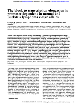 The Block to Transcription Elongation Is Promoter Dependent In. Normal and Burkitt's Lymphoma C Myc Alleles
