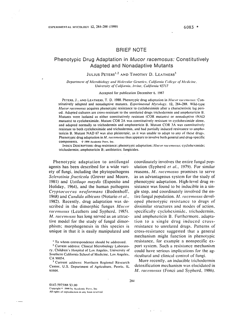 BRIEF NOTE Phenotypic Drug Adaptation in Mucor