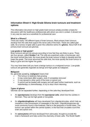 Information Sheet 4: High-Grade Glioma Brain Tumours and Treatment Options