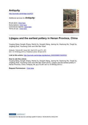 Antiquity Lijiagou and the Earliest Pottery in Henan Province, China