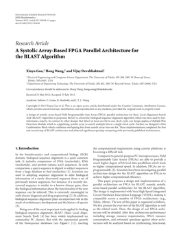 Research Article a Systolic Array-Based FPGA Parallel Architecture for the BLAST Algorithm