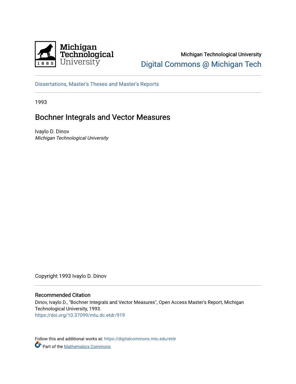 Bochner Integrals and Vector Measures