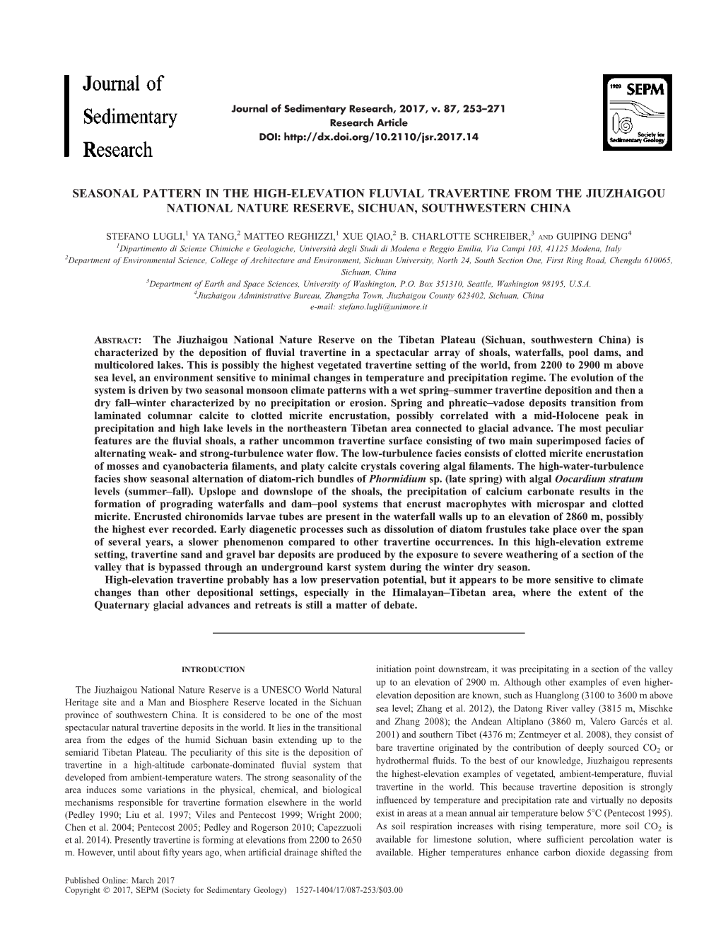 Seasonal Pattern in the High-Elevation Fluvial Travertine from the Jiuzhaigou National Nature Reserve, Sichuan, Southwestern China