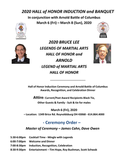 2020 HALL of HONOR INDUCTION and BANQUET in Conjunction with Arnold Battle of Columbus March 6 (Fri) – March 8 (Sun), 2020