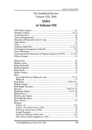 The Smithfield Review Volume VIII, 2004 Index