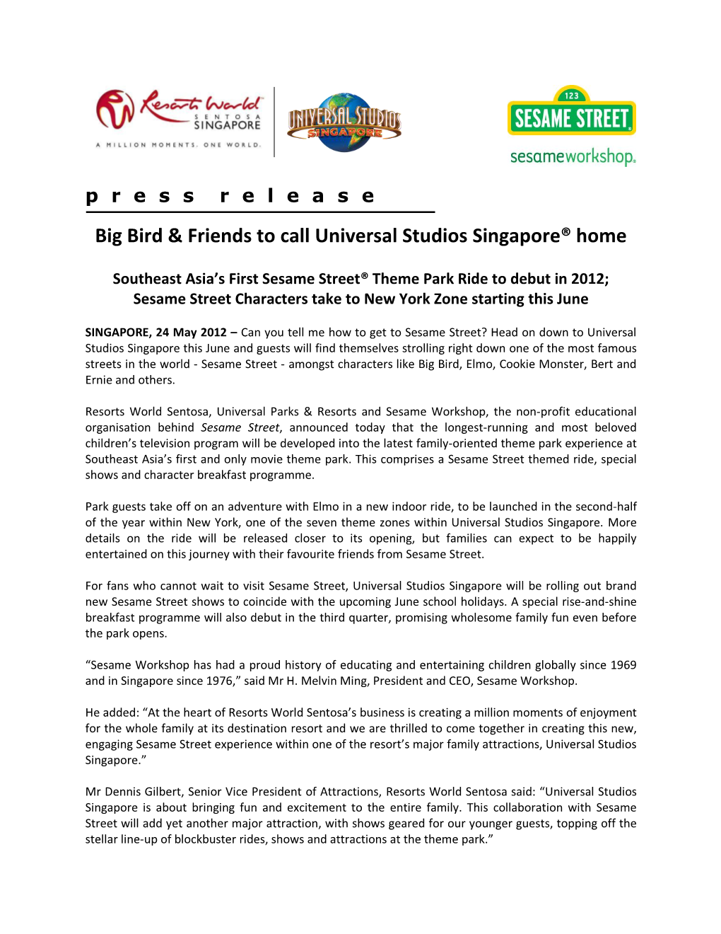 Big Bird & Friends to Call Universal Studios Singapore® Home