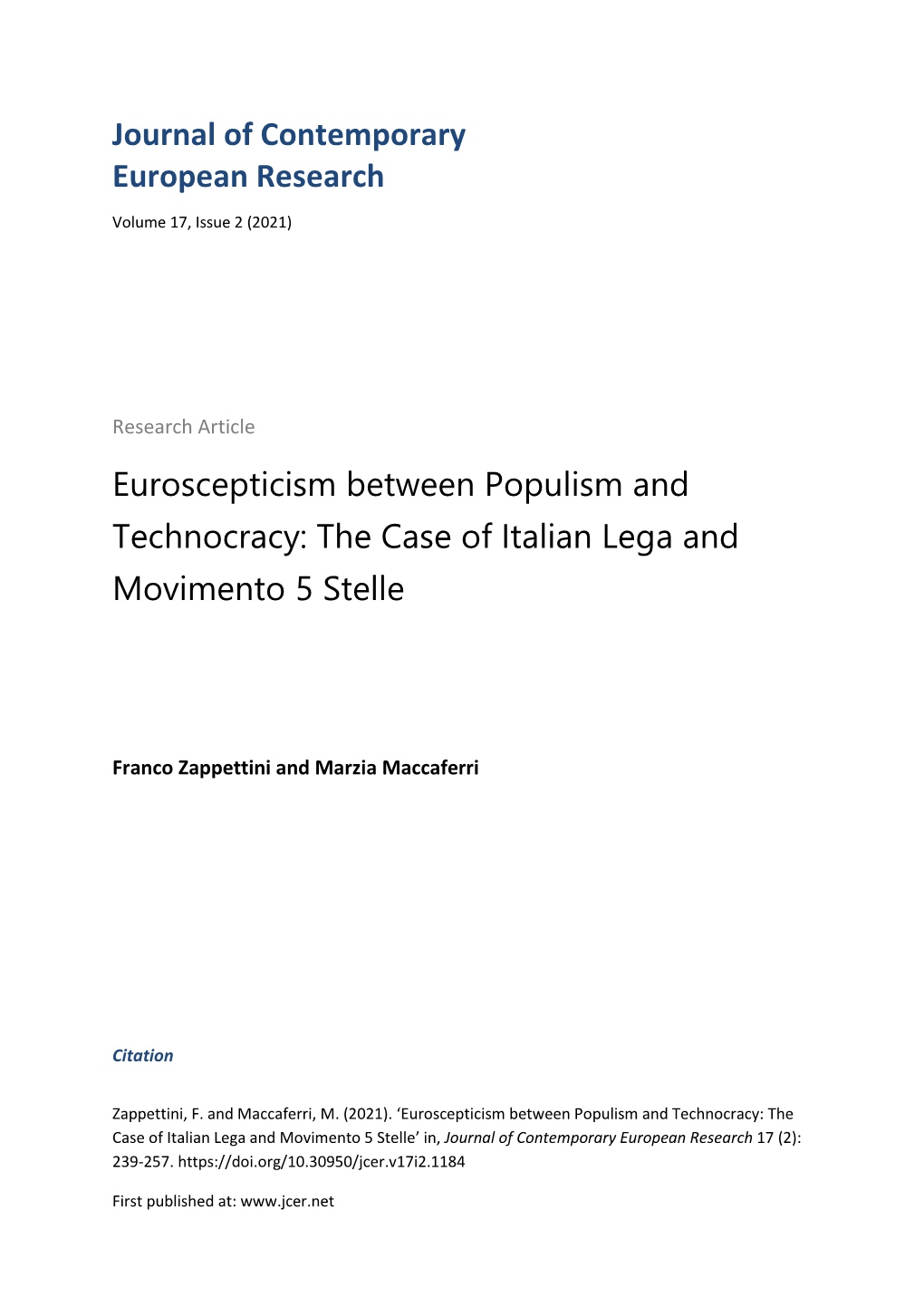 Journal of Contemporary European Research Euroscepticism Between