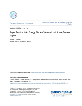 Paper Session II-A - Energy Block of International Space Station "Alpha"