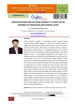 INDIAN DIASPORA and CULTURAL DIVERSITY: a STUDY on the WRITINGS of KIRAN DESAI and JHUMPA LAHIRI Dr