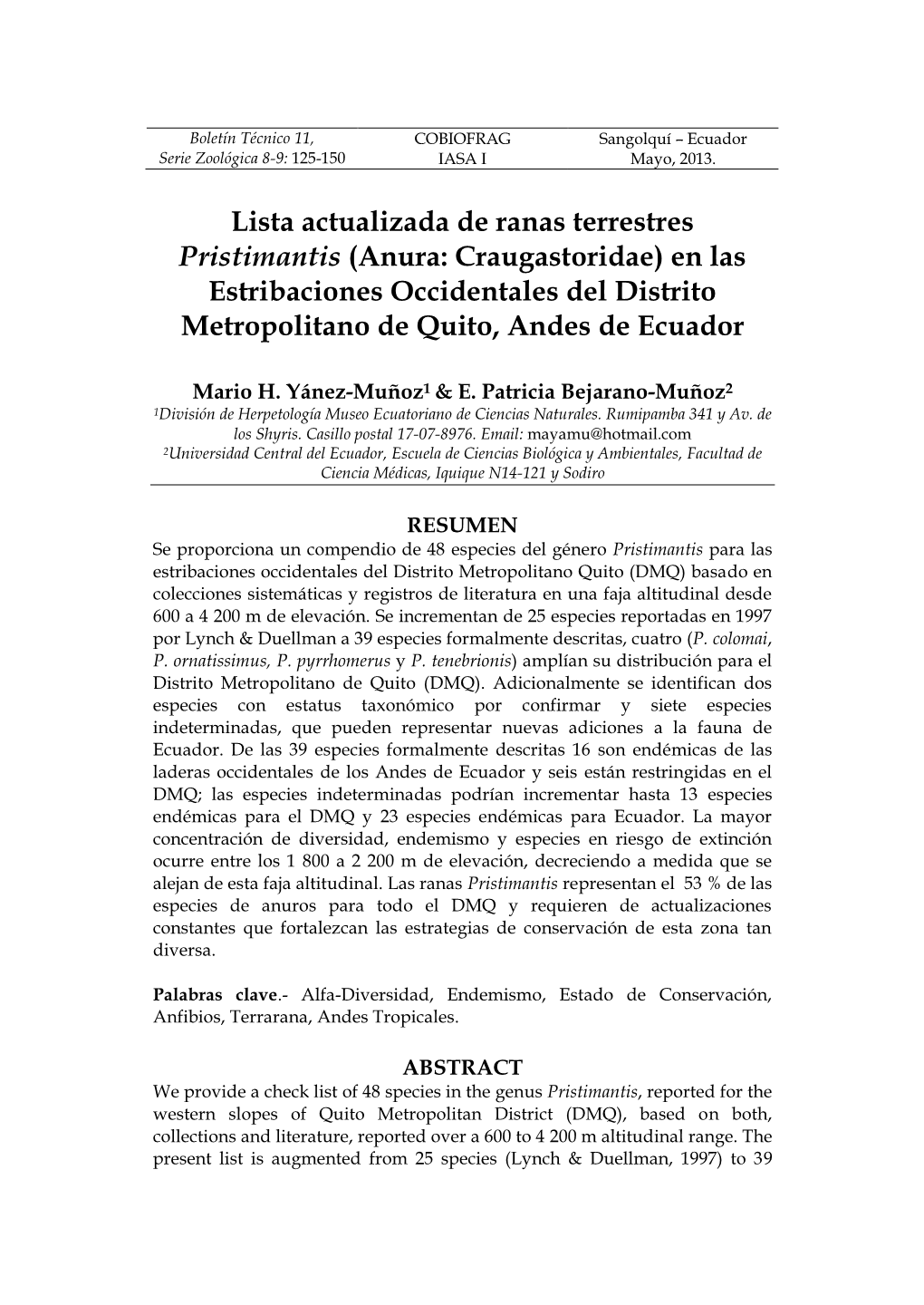 Lista Actualizada De Ranas Terrestres Pristimantis (Anura: Craugastoridae) En Las Estribaciones Occidentales Del Distrito Metropolitano De Quito, Andes De Ecuador
