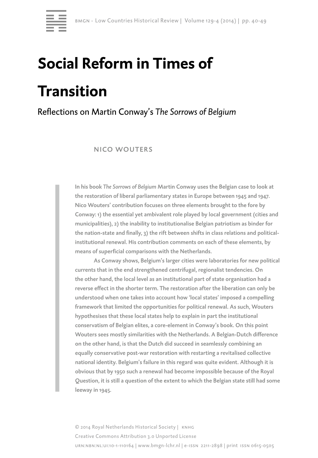 Social Reform in Times of Transition Reflections on Martin Conway’S the Sorrows of Belgium