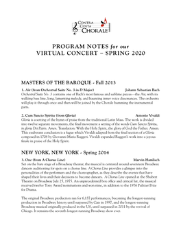 PROGRAM NOTES for Our VIRTUAL CONCERT – SPRING 2020