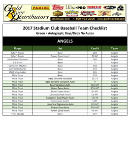 2017 Stadium Club Baseball Team Checklist Green = Autograph; Rays/Reds No Autos ANGELS