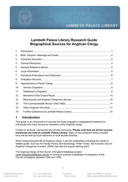Lambeth Palace Library Research Guide Biographical Sources for Anglican Clergy