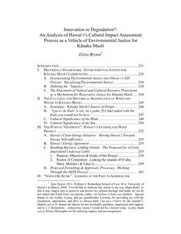 An Analysis of Hawaiʻi‟S Cultural Impact Assessment Process As a Vehicle of Environmental Justice for Kānaka Maoli