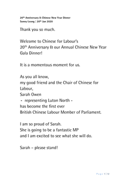 Thank You So Much. Welcome to Chinese for Labour's 20Th