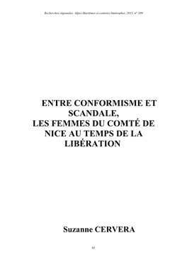 Entre Conformisme Et Scandale, Les Femmes Du Comté De Nice Au Temps De La Libération, Par Suzanne Cervera
