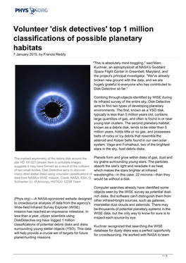 Volunteer 'Disk Detectives' Top 1 Million Classifications of Possible Planetary Habitats 7 January 2015, by Francis Reddy