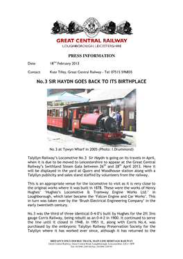 No.3 SIR HAYDN GOES BACK to ITS BIRTHPLACE