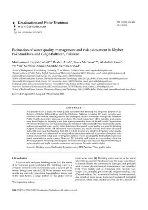 Estimation of Water Quality, Management and Risk Assessment in Khyber Pakhtunkhwa and Gilgit-Baltistan, Pakistan