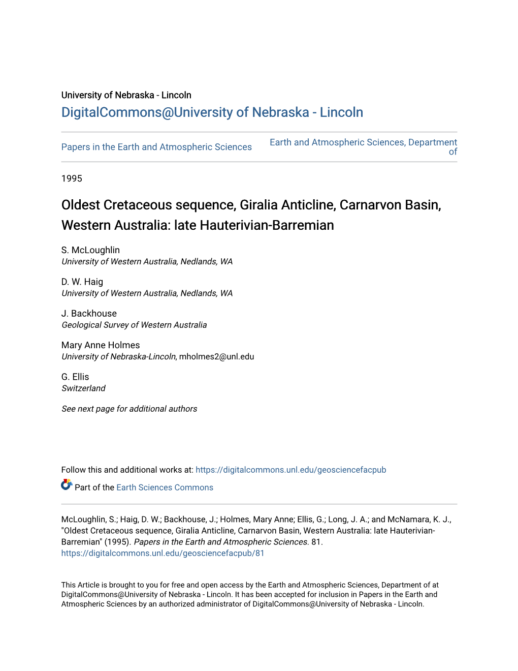 Oldest Cretaceous Sequence, Giralia Anticline, Carnarvon Basin, Western Australia: Late Hauterivian-Barremian