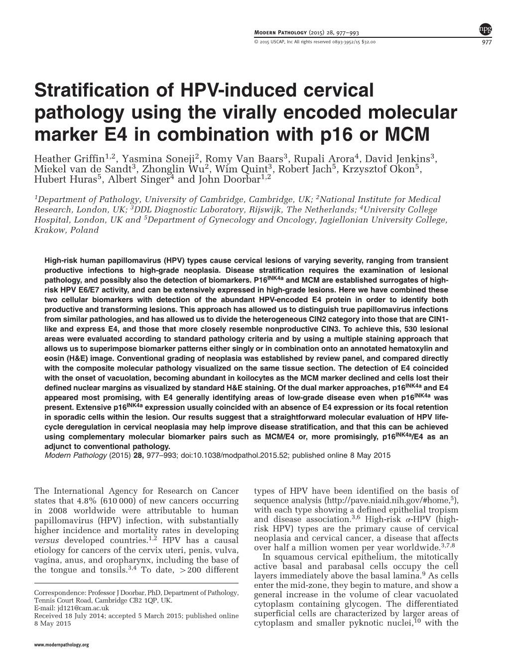 Stratification of HPV-Induced Cervical Pathology Using the Virally Encoded